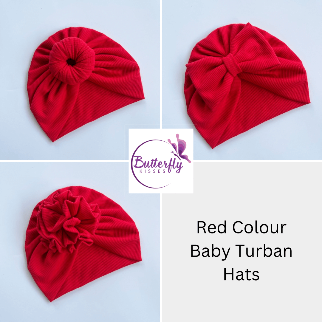 Red Colour Baby Turban with Bow, Donut, and Flower Designs