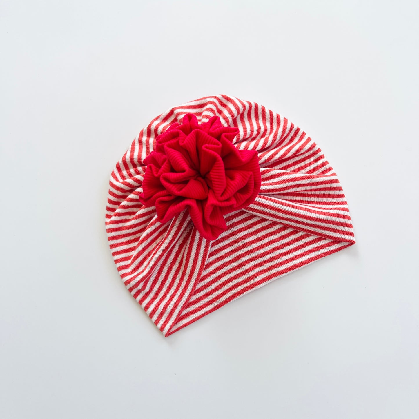 Red & White Striped Baby Turban Hats in Bow, Flower & Donut Designs