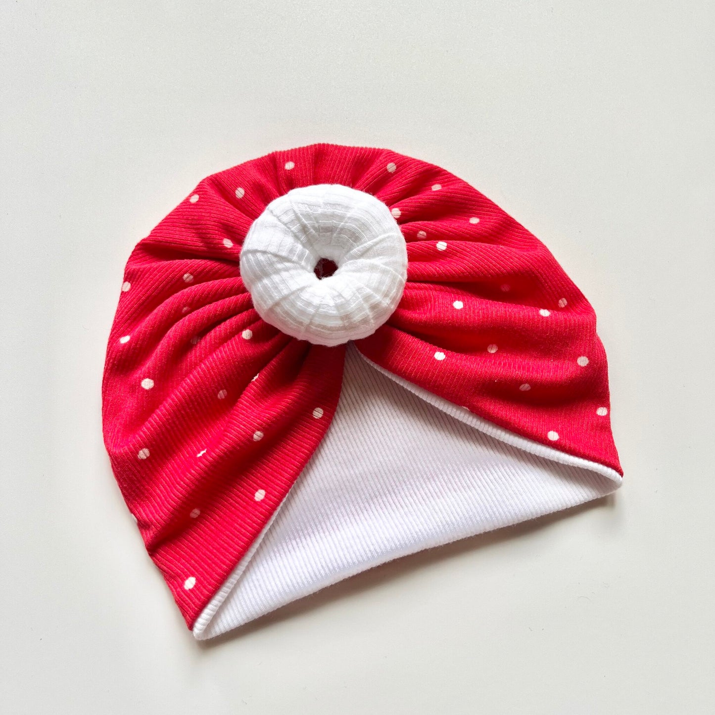 Red Colour Baby Turban With White Dots - Donut Design