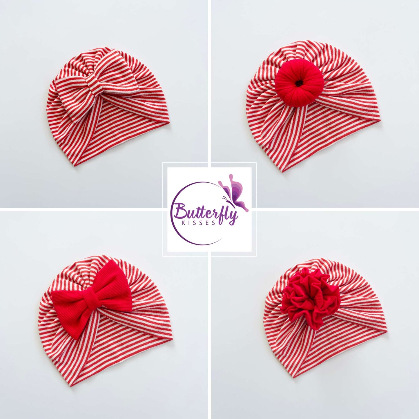 Red & White Striped Baby Turban Hats in Bow, Flower & Donut Designs