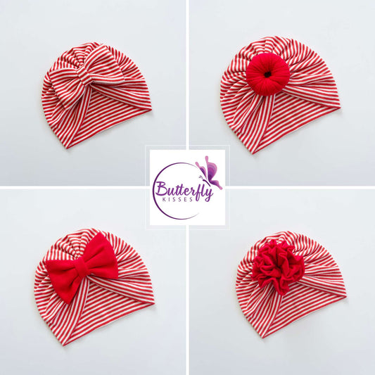 Red & White Striped Baby Turban Hats in Bow, Flower & Donut Designs
