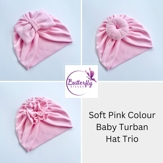 Soft Pink Colour Baby Turban Hats In Bow, Donut & Flower Designs