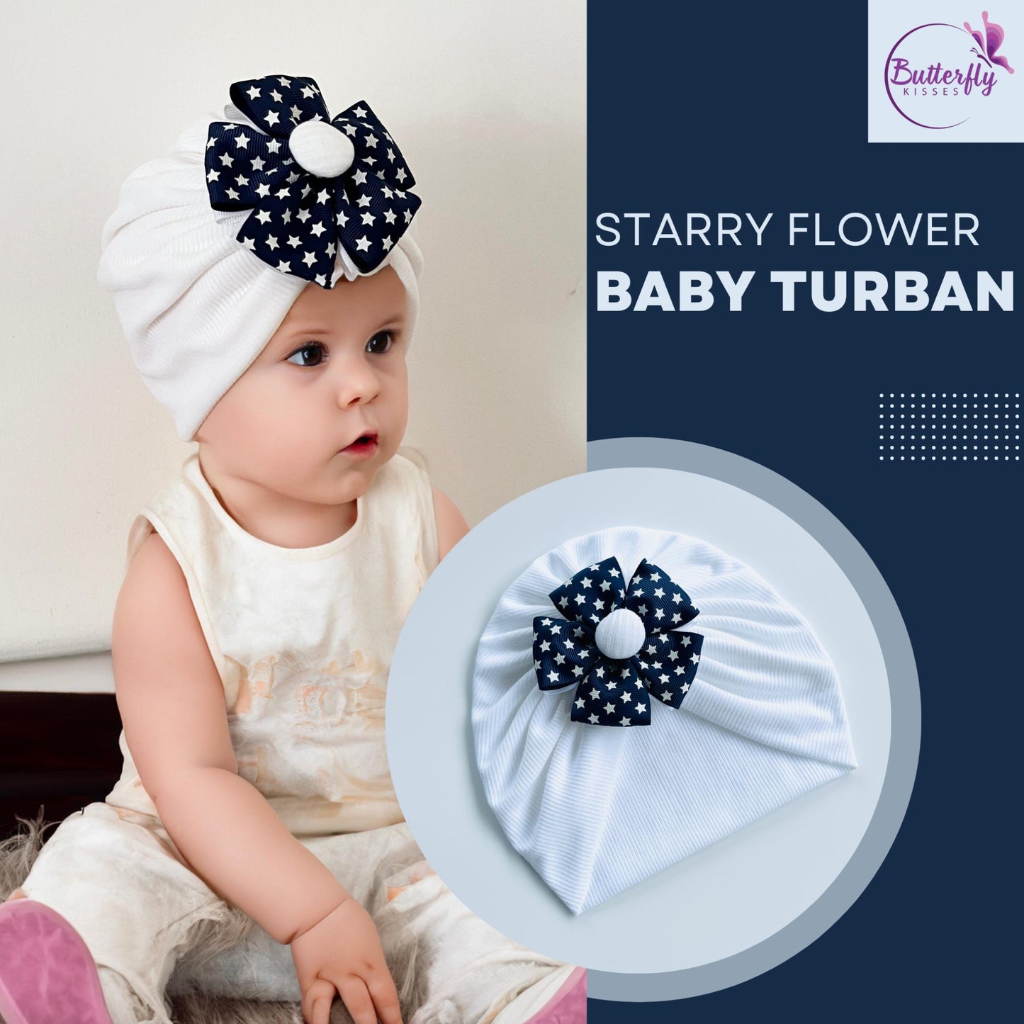 White Baby Turban With Dark Blue Colour Ribbon Starry Flower