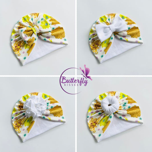 White, Yellow & Brown Floral Printed Baby Turban Hats in Bow, Flower & Donut Designs