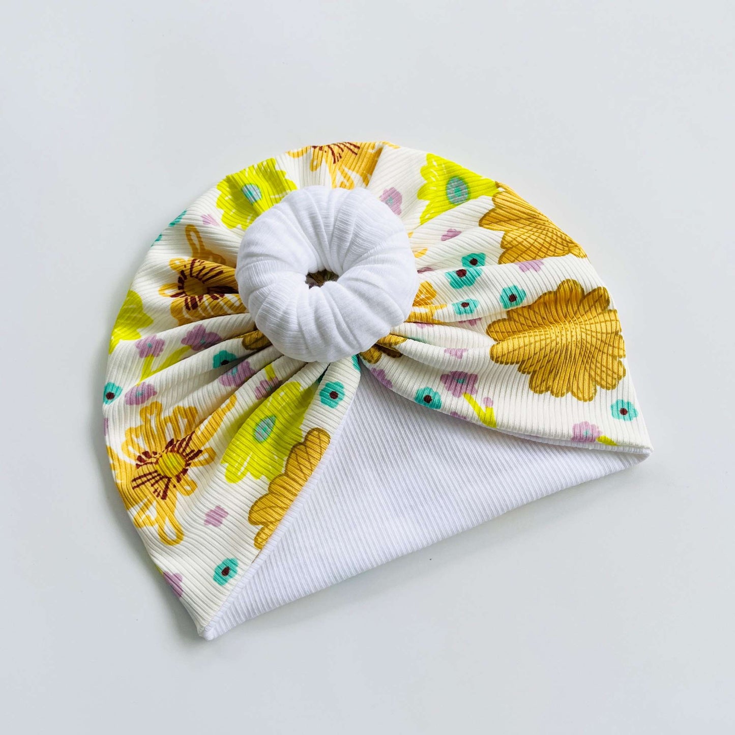 White, Yellow & Brown Floral Printed Baby Turban Hats in Bow, Flower & Donut Designs