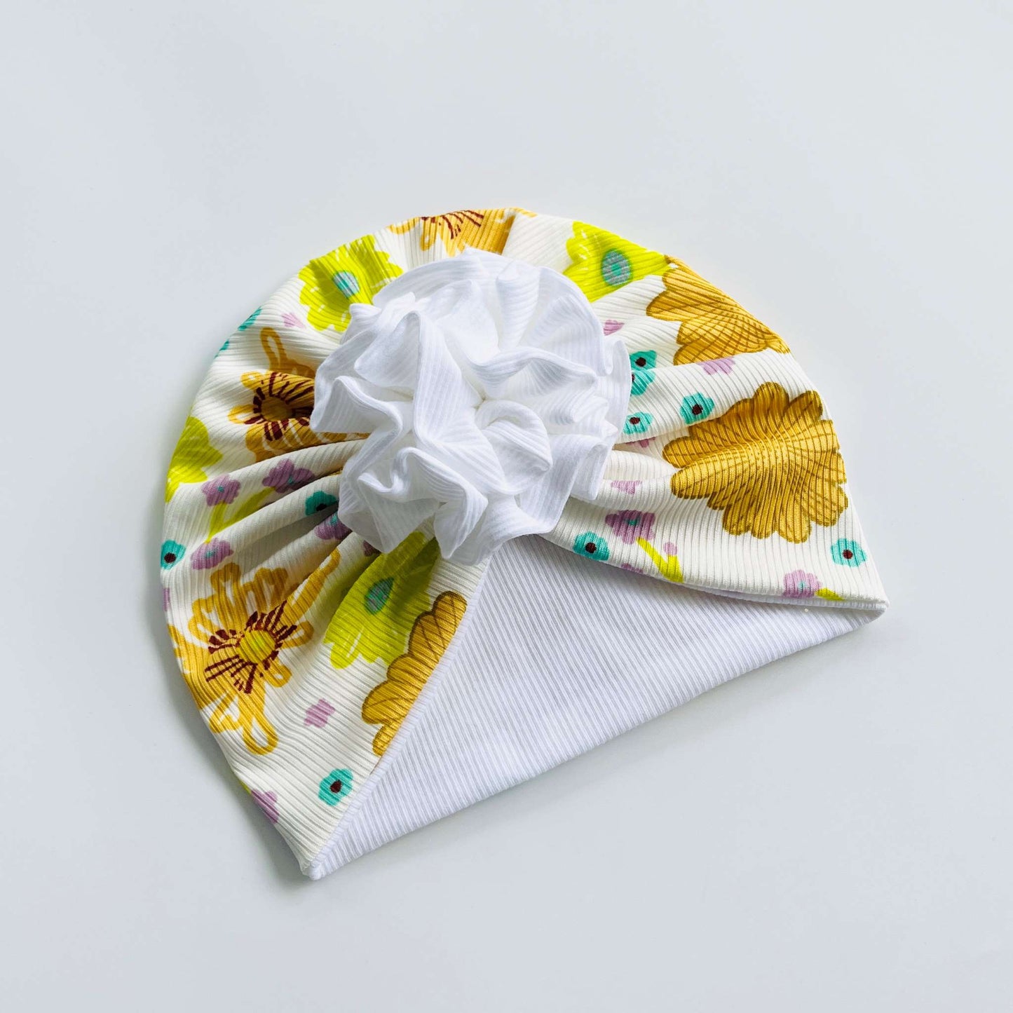 White, Yellow & Brown Floral Printed Baby Turban Hats in Bow, Flower & Donut Designs