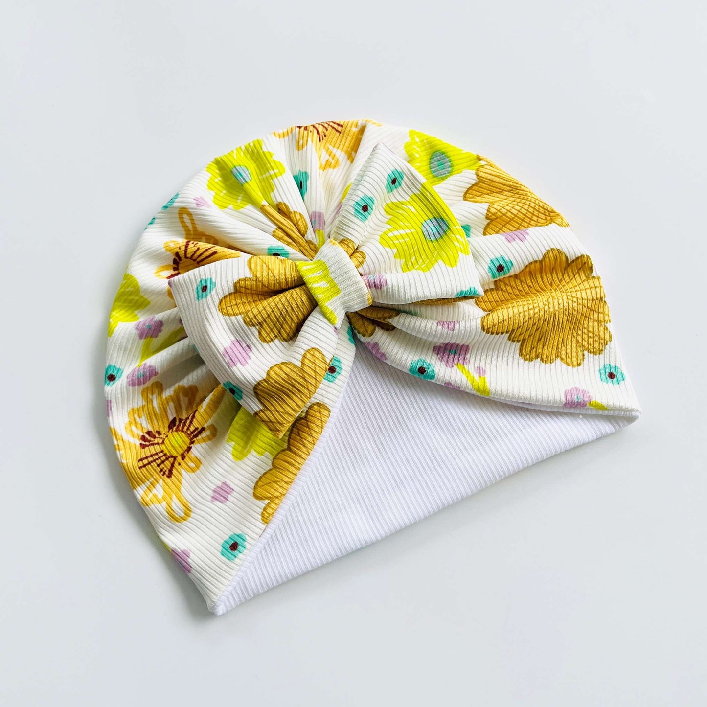 White, Yellow & Brown Floral Printed Baby Turban Hats in Bow, Flower & Donut Designs