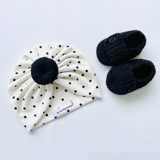 Black & White Polka Dot Baby Turban and Crochet Shoe Set