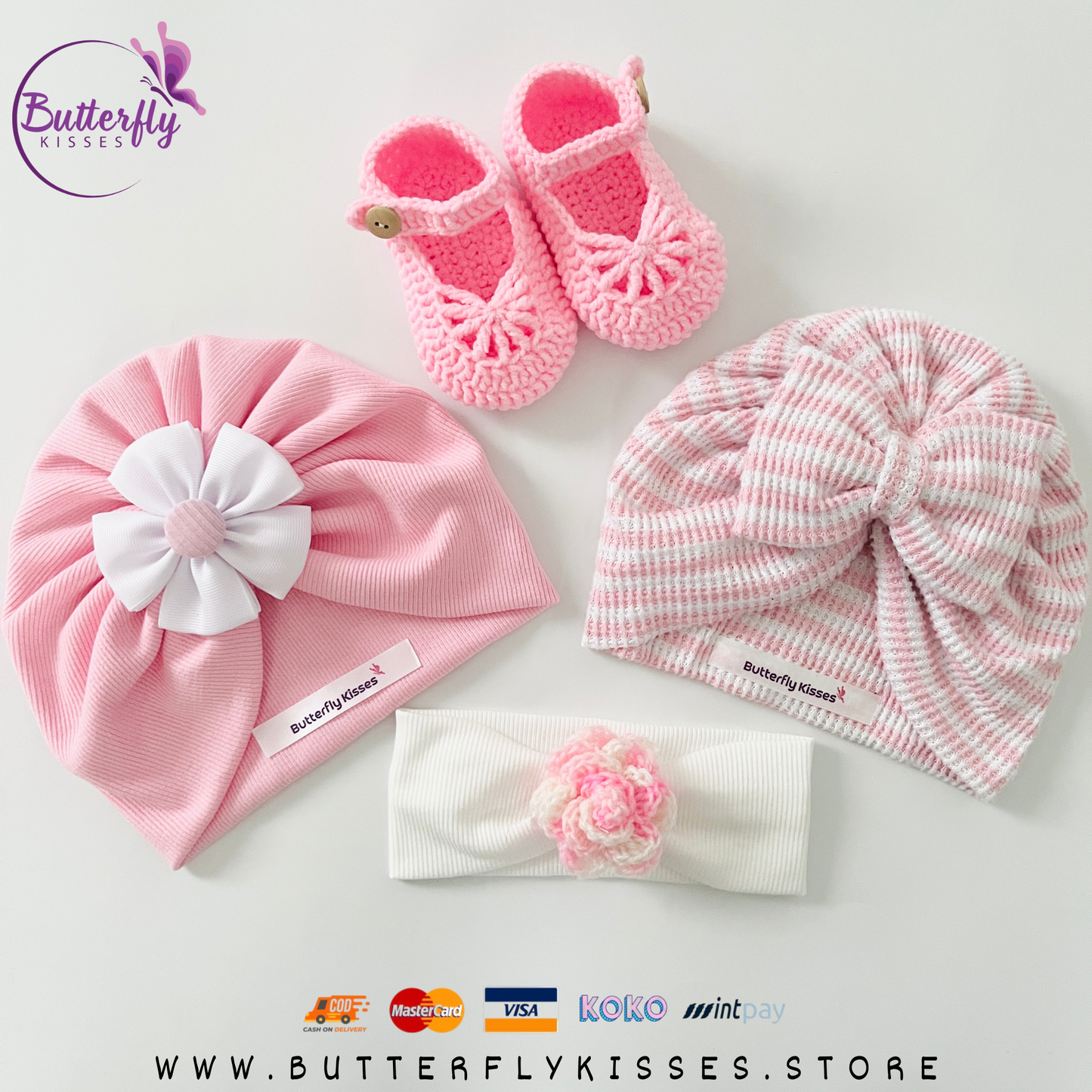 Blush Pink Baby Girl Gift Set – Turban Hats, Floral Headband & Crochet Shoes
