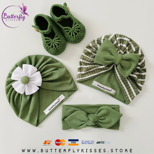 Hunter Green Baby Girl Gift Set – Turban Hats, Headband & Crochet Shoes