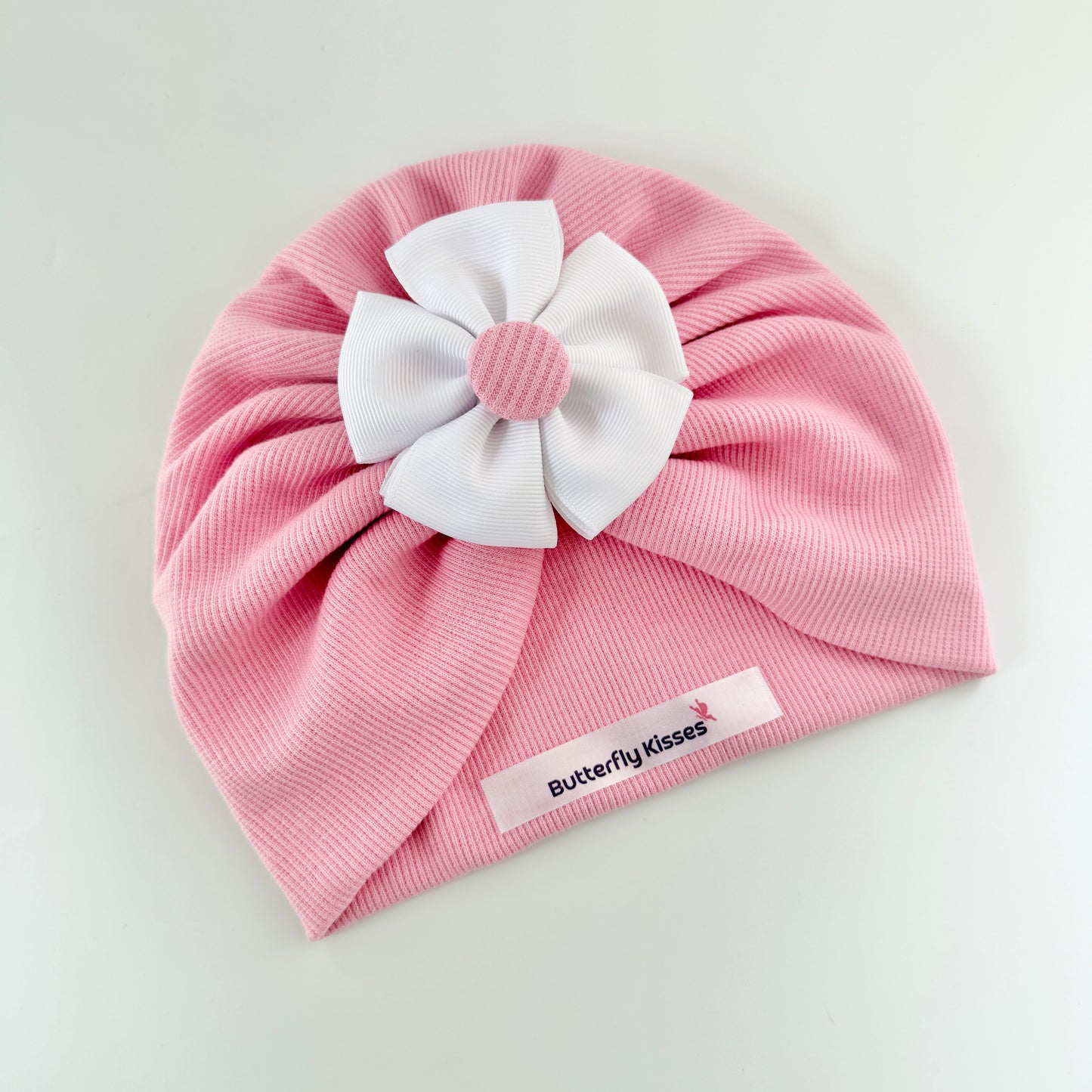 Baby Girl Pink Turban Hat with White Flower – Soft Stretch Headwrap