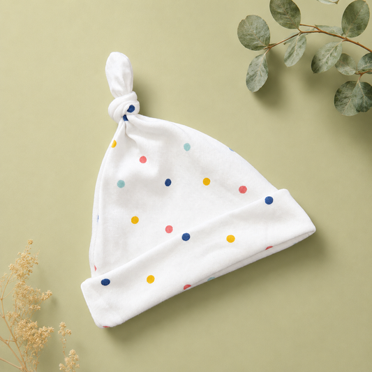 Premium Knotted Baby Hat – Colourful Polka Dots