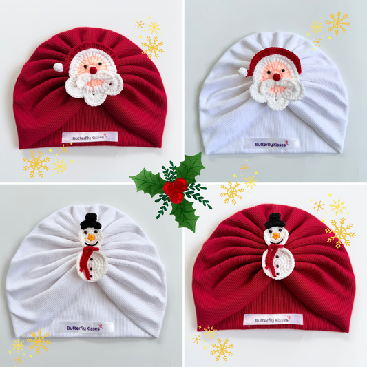 Christmas Magic Turban Hat With Crochet Santa & Snowman