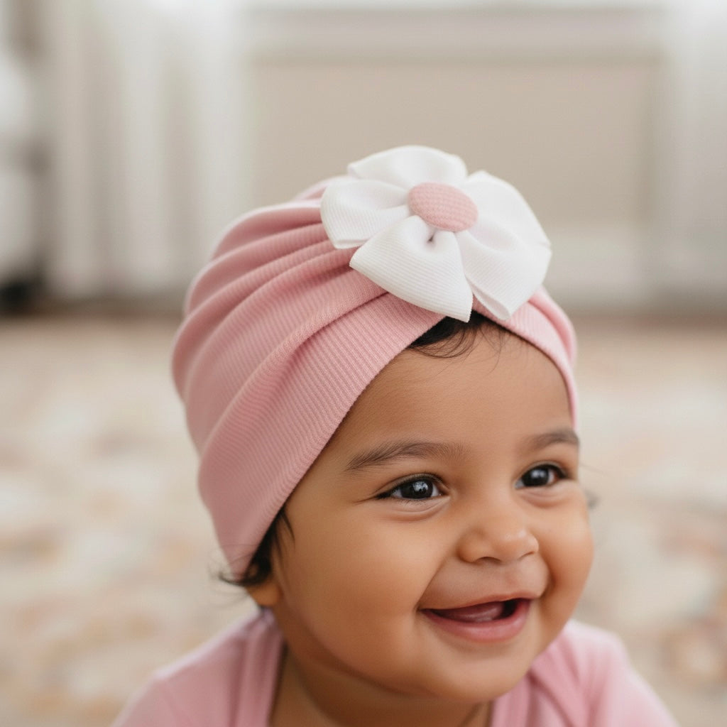 Baby Girl Pink Turban Hat with White Flower – Soft Stretch Headwrap
