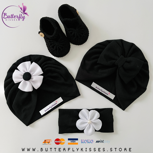 Classic Black & White Baby Girl Gift Set – Turban Hats, Floral Headband & Crochet Shoes