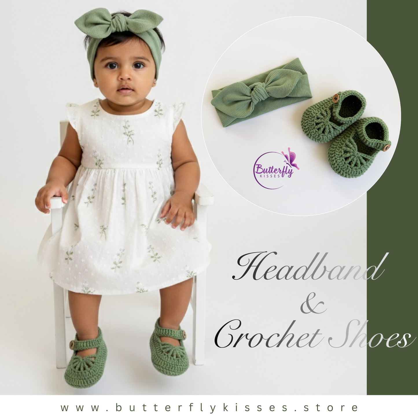 Crochet Baby Shoes and Headband Gift Set – Handmade Soft Cotton (Sage Green)
