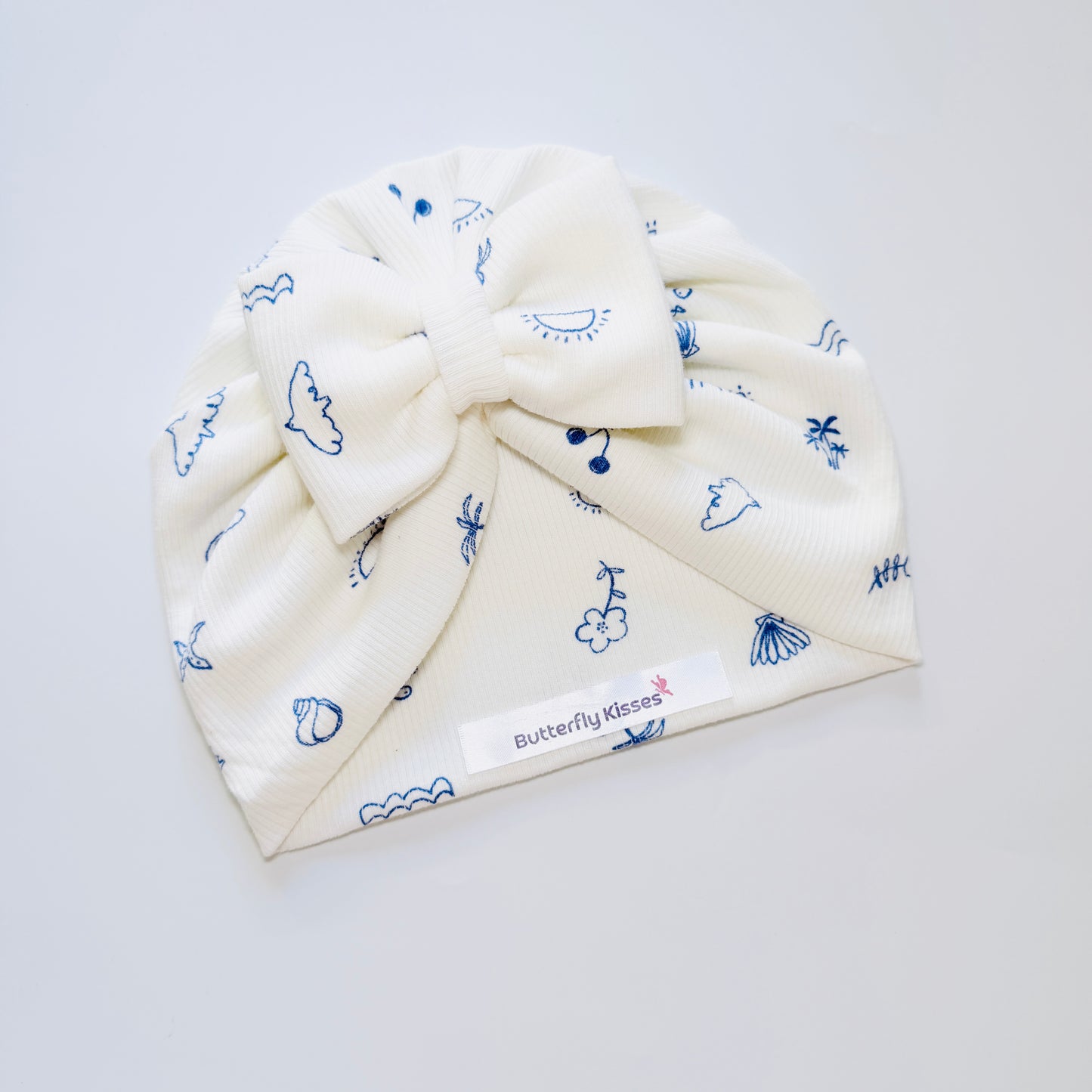 Baby Girl Ocean Doodle Bow Turban Hat – Soft Ribbed Cotton Beanie Cap