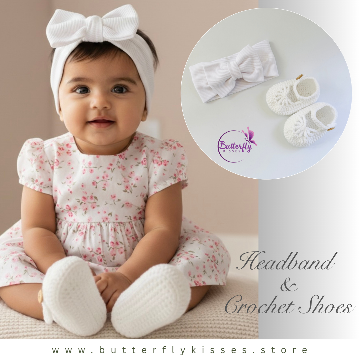 Handmade Crochet Baby Shoes & Bow Headband Set – Soft Cotton Gift Set for Baby Girls (White)