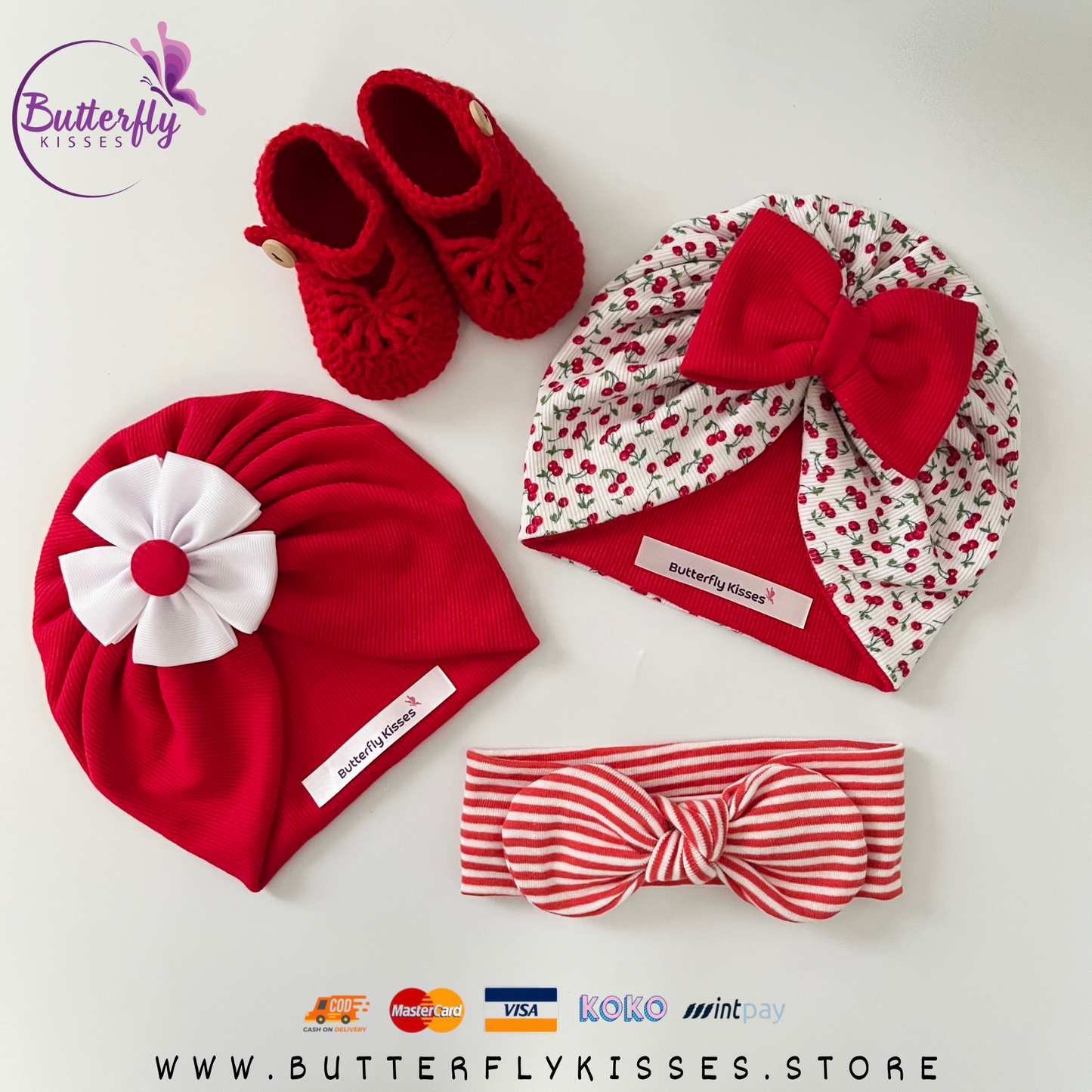 Red Baby Girl Gift Set – Ribbon Flower Turban, Cherry Printed Turban, Striped Headband & Crochet Shoes