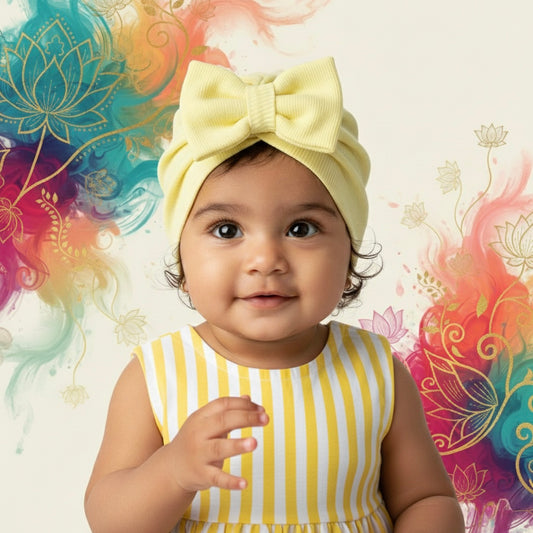 Pastel Yellow Colour Baby Turban Hat - Bow Design