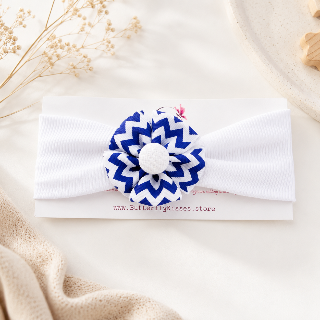 Royal Blue Chevron Ribbon Flower Baby Headband
