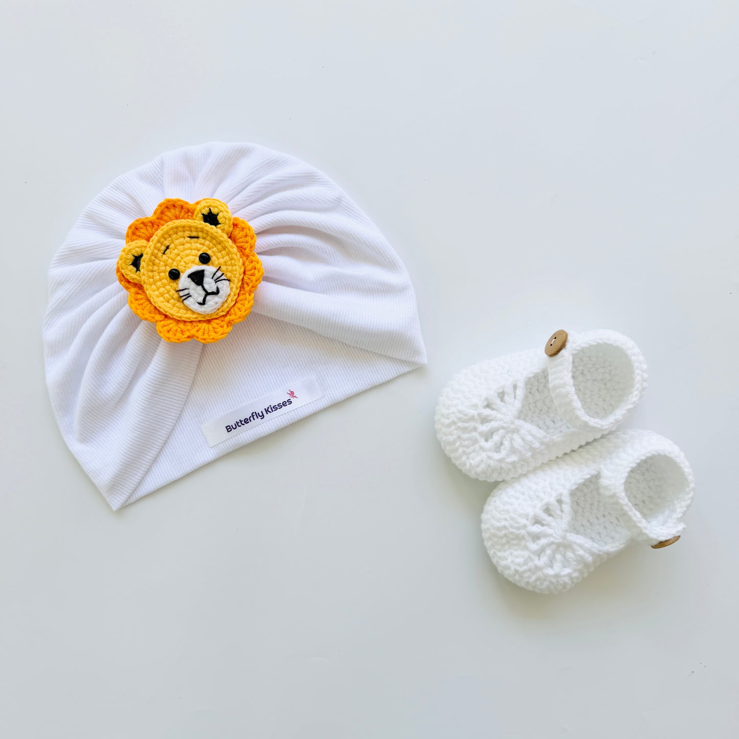 Handmade Lion Baby Turban Hat & Crochet Booties Gift Set