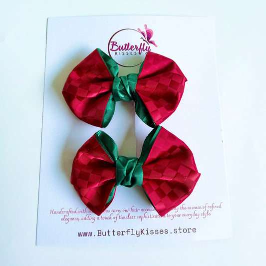 Festive Chequered Mini Bow Clip Duo