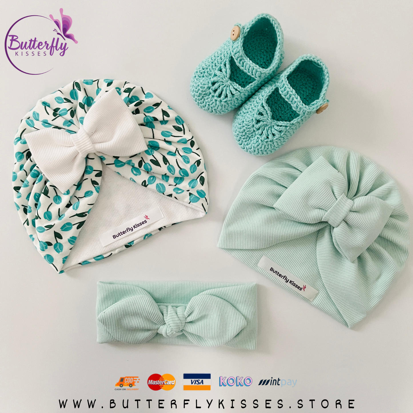 Aqua Green Bunny Knot & Bow Turban Hat Set with Handmade Crochet Baby Shoes
