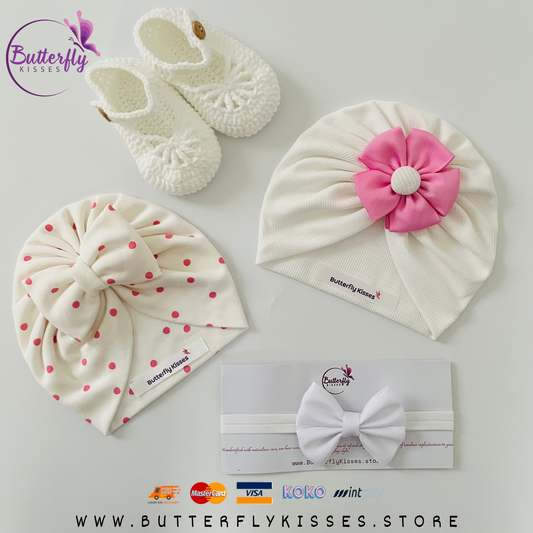 White Baby Girl Gift Set – Pink Polka Dot Turban, Ribbon Flower Turban, Headband & Crochet Shoes