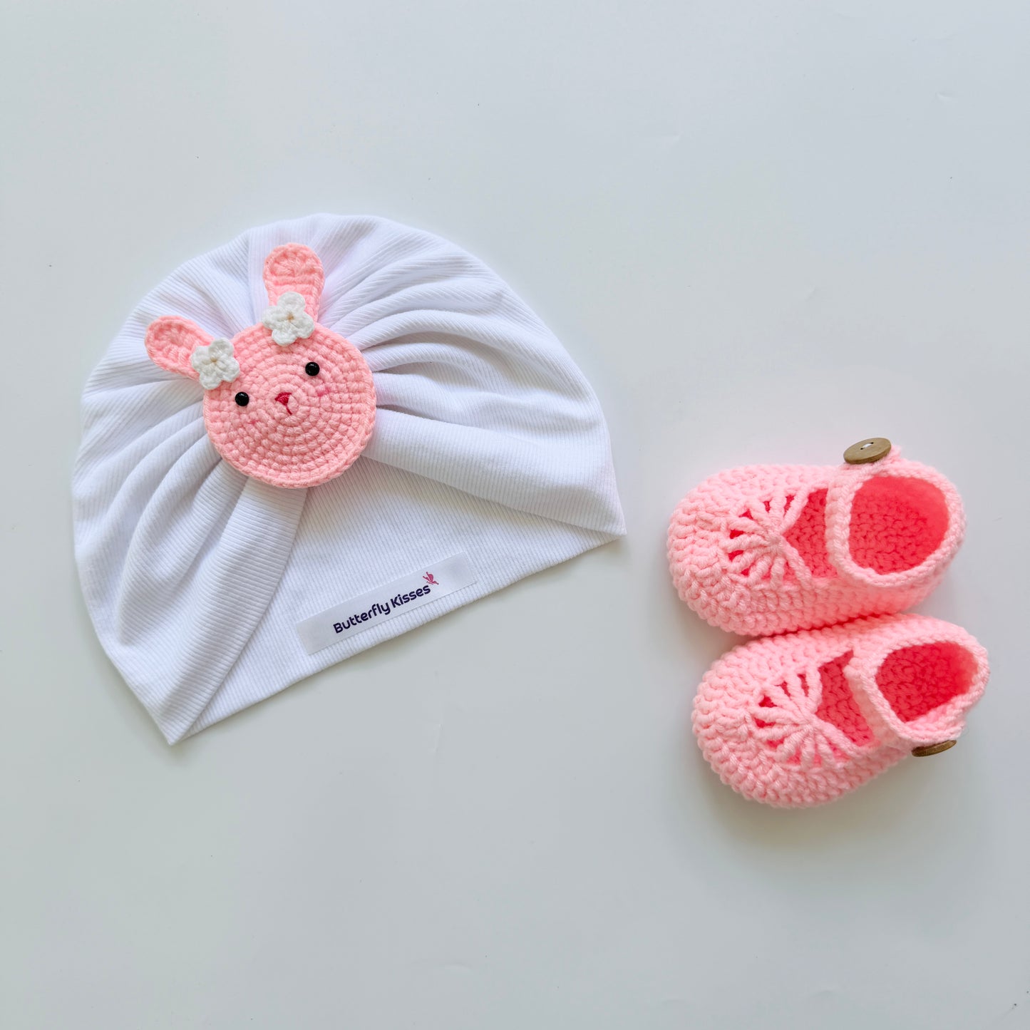 Handmade Bunny Baby Turban Hat & Crochet Booties Gift Set