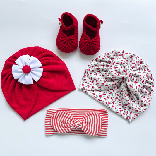 Red Baby Girl Gift Set – Ribbon Flower Turban, Cherry Printed Turban, Striped Headband & Crochet Shoe Set