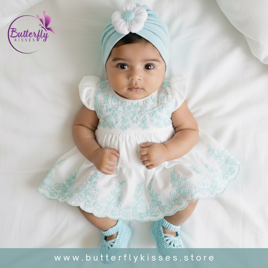 Light Blue Puffy Flower Turban Hat & Crochet Shoe Set