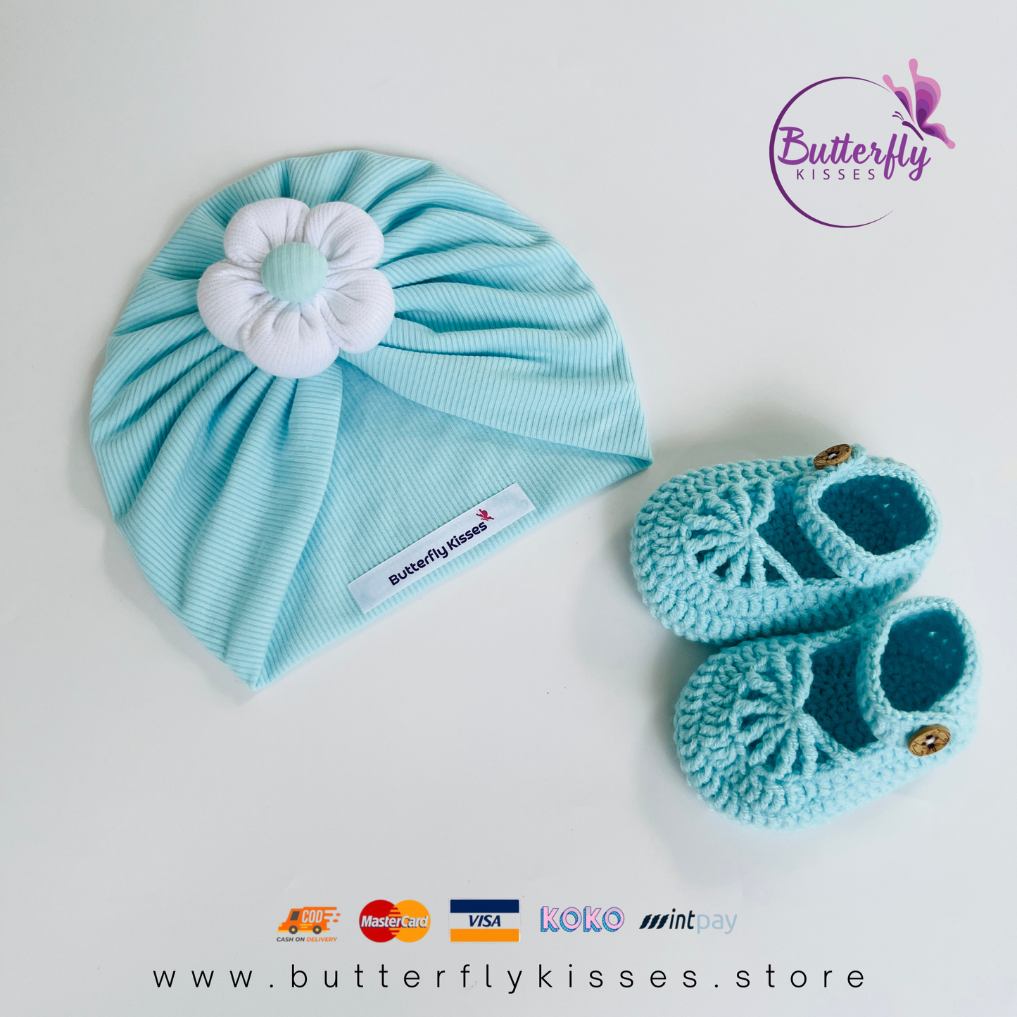 Light Blue Puffy Flower Turban Hat & Crochet Shoe Set