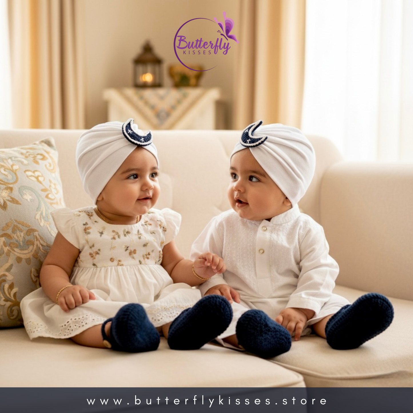 Unisex Baby Turban Hat & Crochet Shoes Set – Soft Handmade Eid Outfit for Boys & Girls