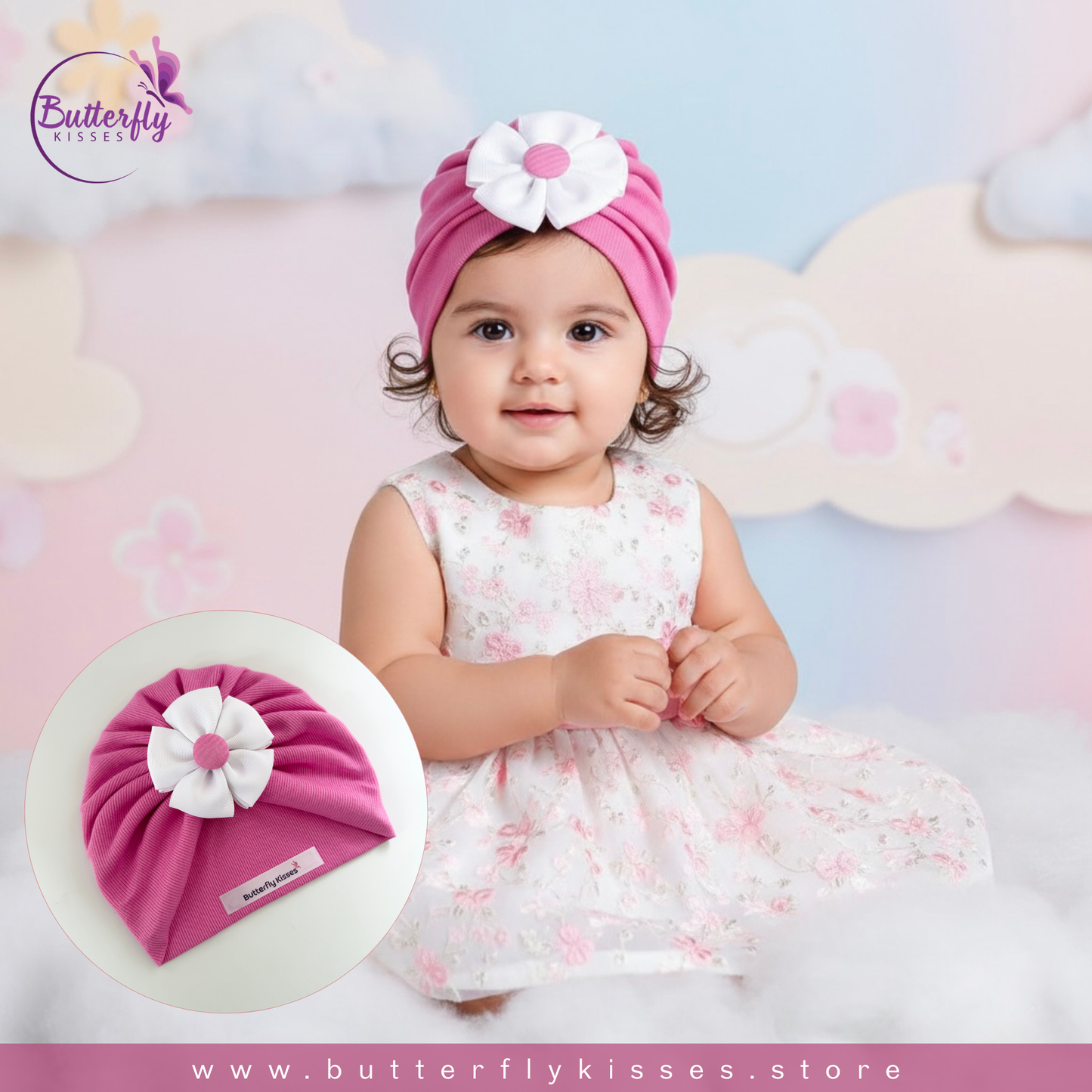 Vibrant Hot Pink Ribbed Baby Turban Hat with White Bloom Flower