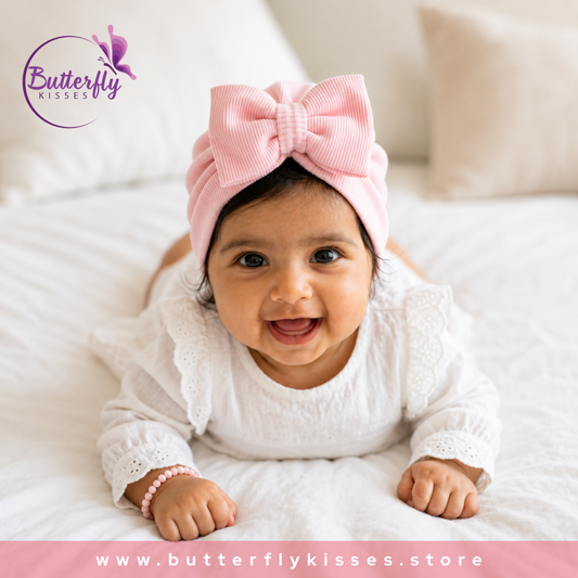 Soft Ribbed Baby Turban Hat – Pink Bow
