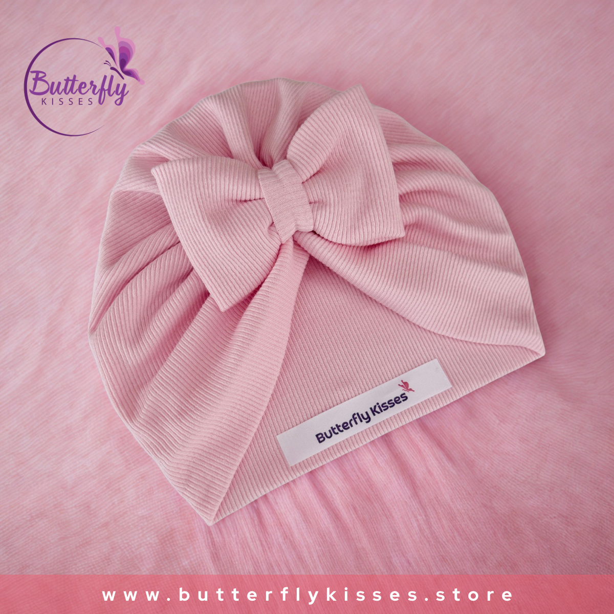 Soft Ribbed Baby Turban Hat – Pink Bow