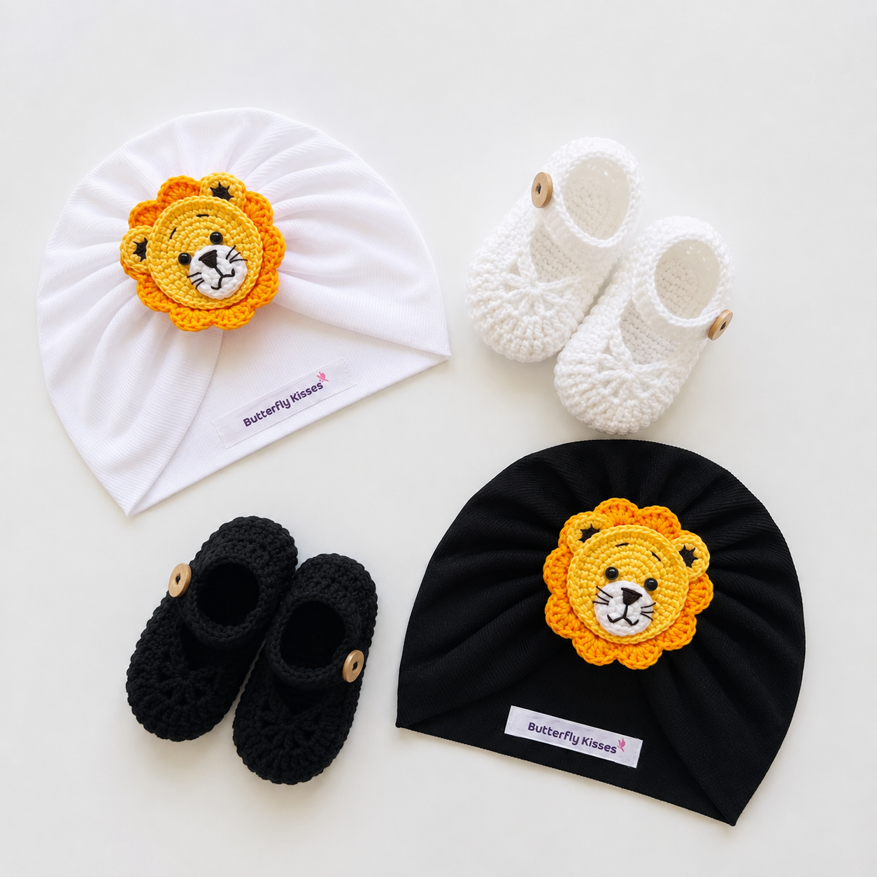 Handmade Lion Baby Turban Hat & Crochet Booties Gift Set