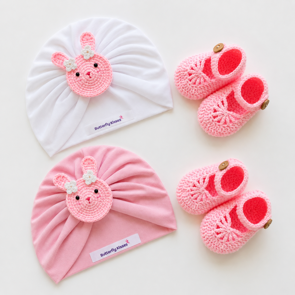 Handmade Bunny Baby Turban Hat & Crochet Booties Gift Set