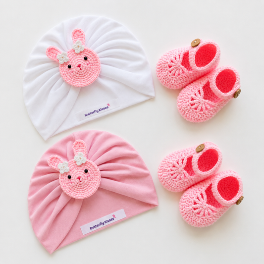 Handmade Bunny Baby Turban Hat & Crochet Booties Gift Set