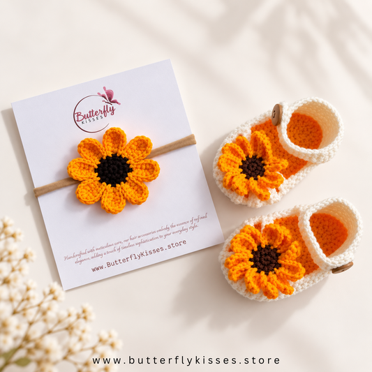 Sunflower Crochet Baby Booties & Headband Set