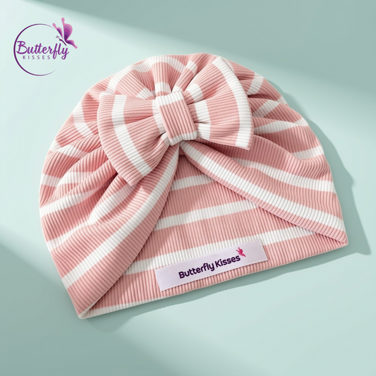 Pink and White Striped Baby Turban Hat with Bow
