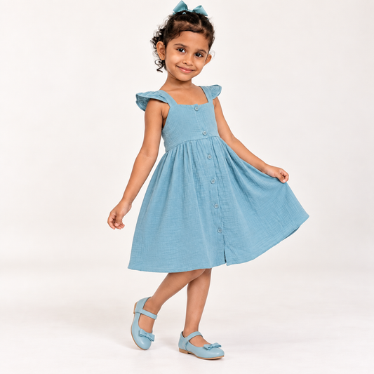 Blue Cotton Flutter Strap Frock For Girls
