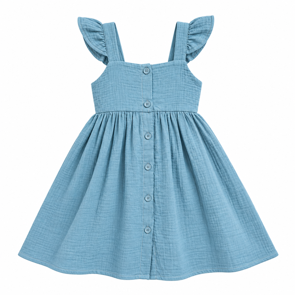 Blue Cotton Flutter Strap Frock For Girls