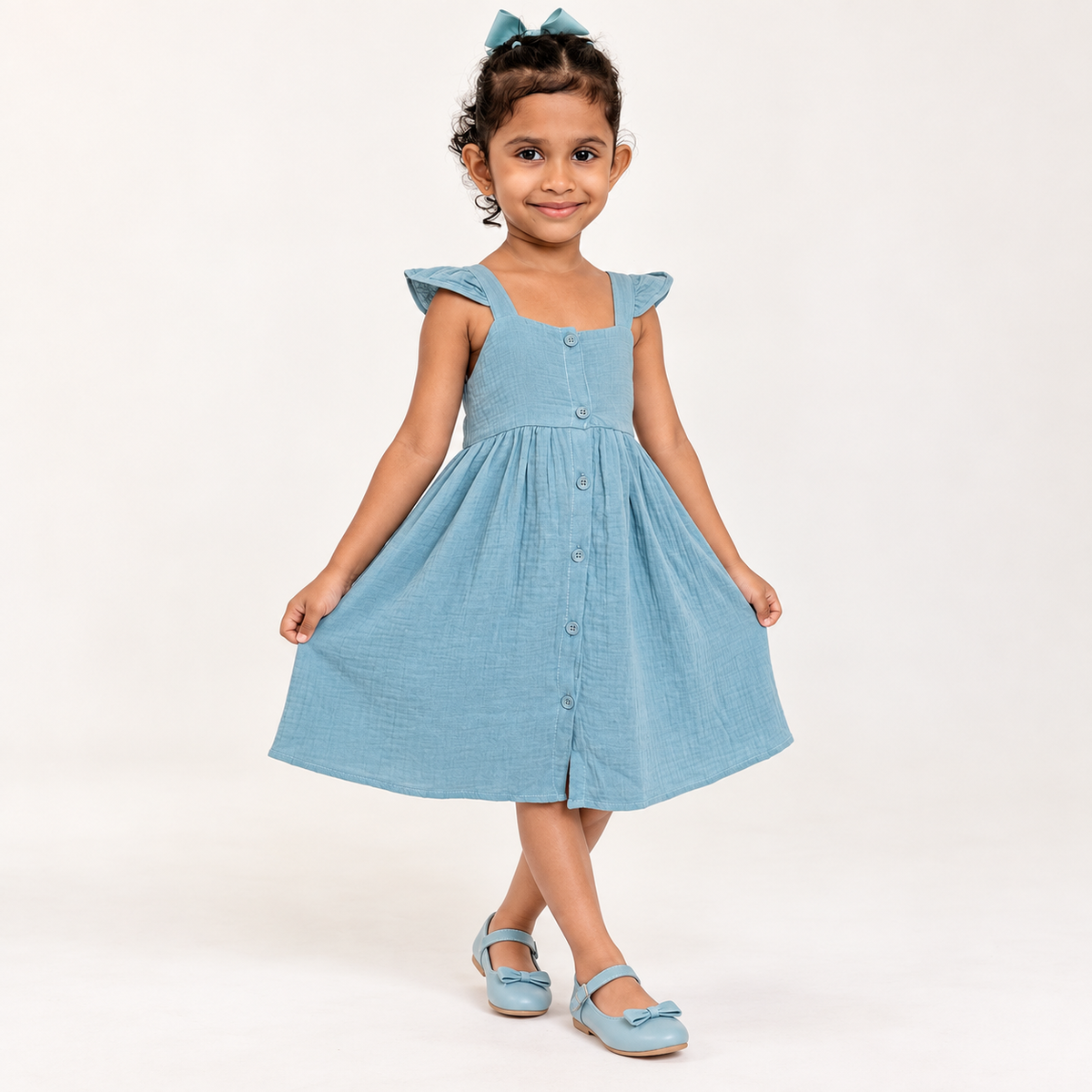 Blue Cotton Flutter Strap Frock For Girls