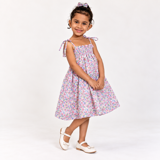 Floral Smocked Tie-Strap Cotton Frock