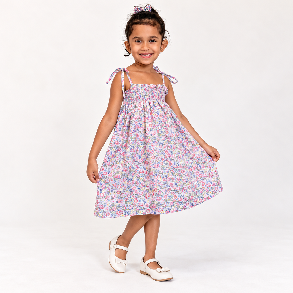 Floral Smocked Tie-Strap Cotton Frock