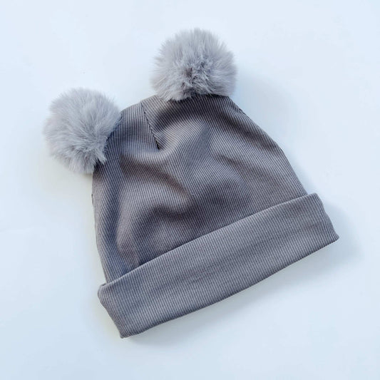 Gray Beanie Hat wIth Gray Pom Pom Balls for Babies & Kids