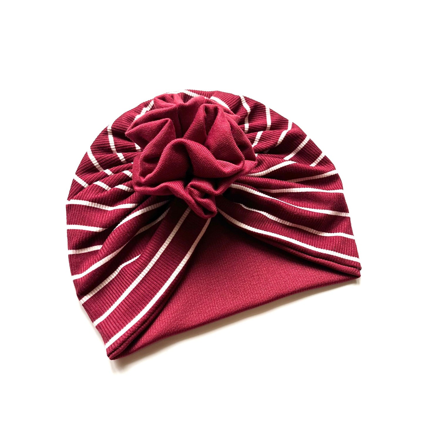 Maroon And White Striped Baby Turban - Flower Design