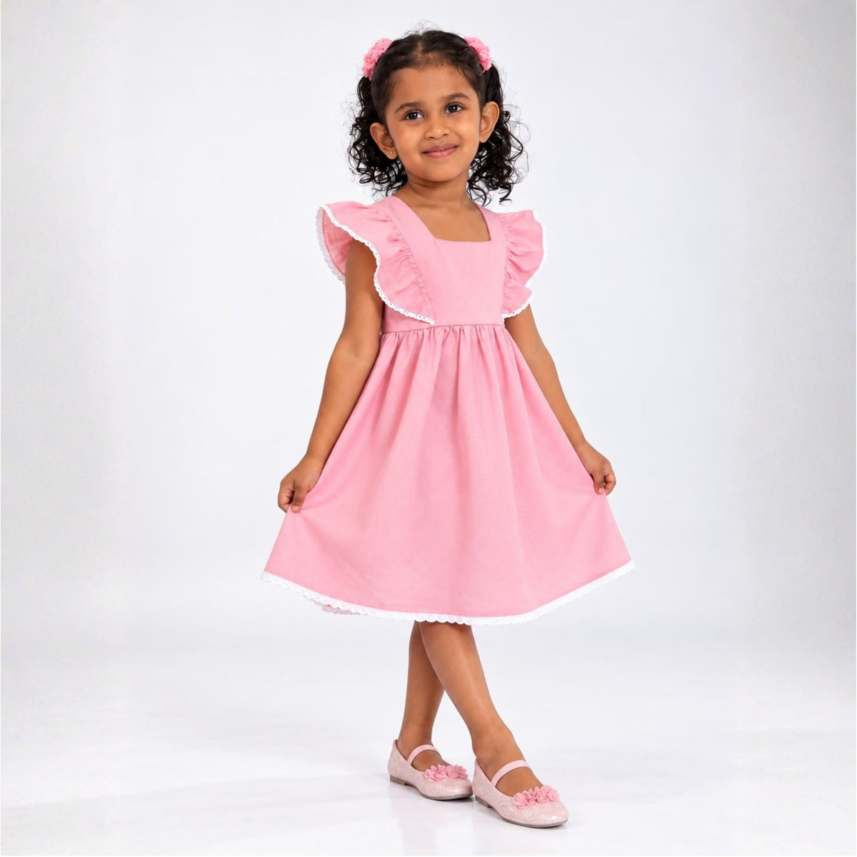 Pink Cotton Flutter Sleeve Frock